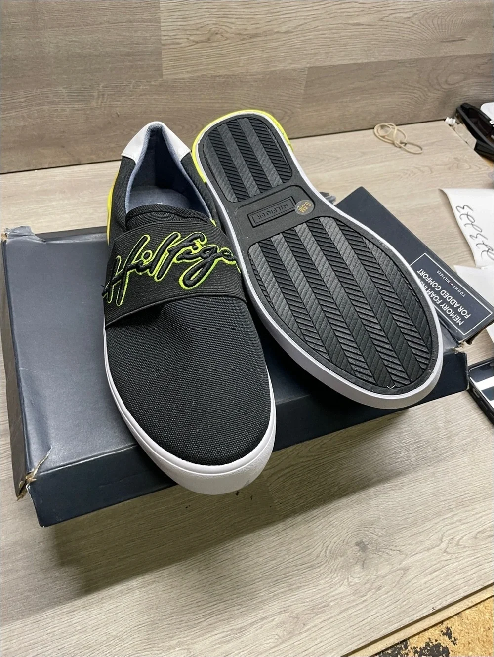 Tommy Hilfiger Black Slip-On Loafers with Neon Yellow Accents